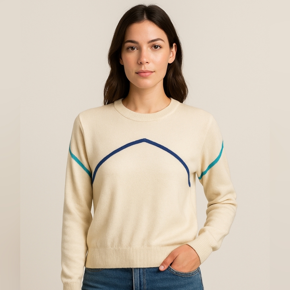 Obermeyer Cream Crewneck Sweater with Blue & Teal Accents